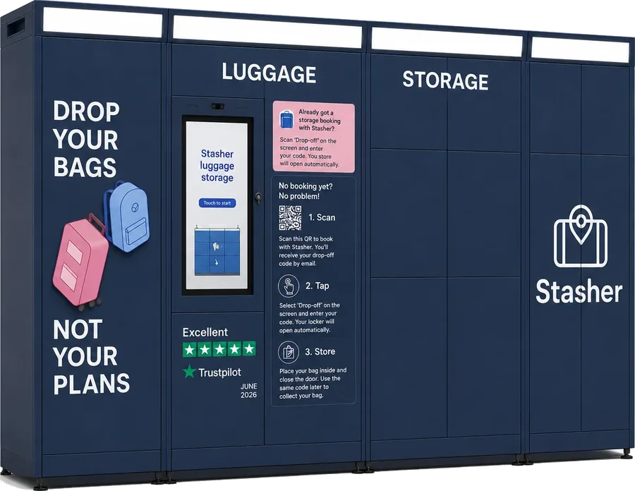 A Stasher smart luggage locker bank: navy columns of compartments of different sizes, with a touchscreen in the centre column.
